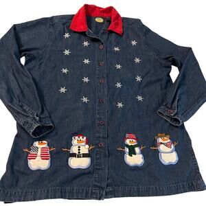 vintage APW for Women denim blue jean Christmas patriotic snowmen cotton medium